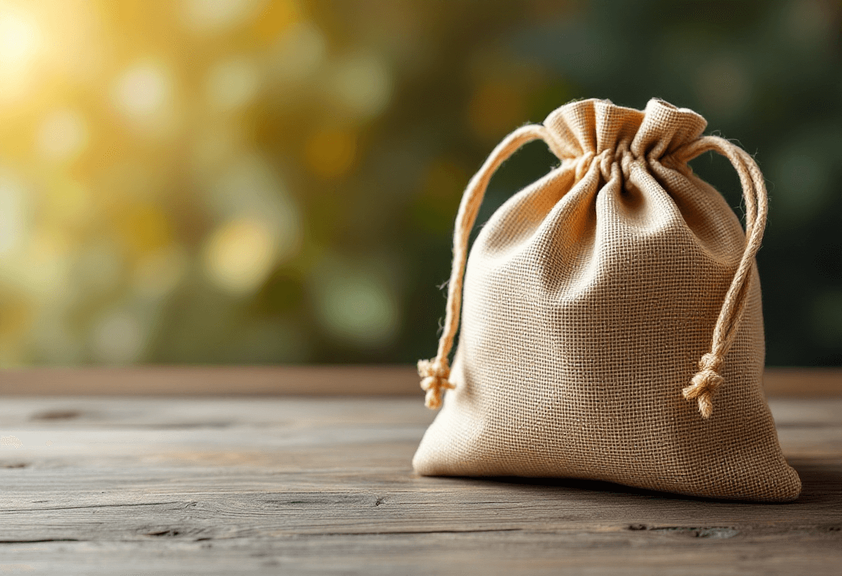 Pochon en jute posé sur bois.