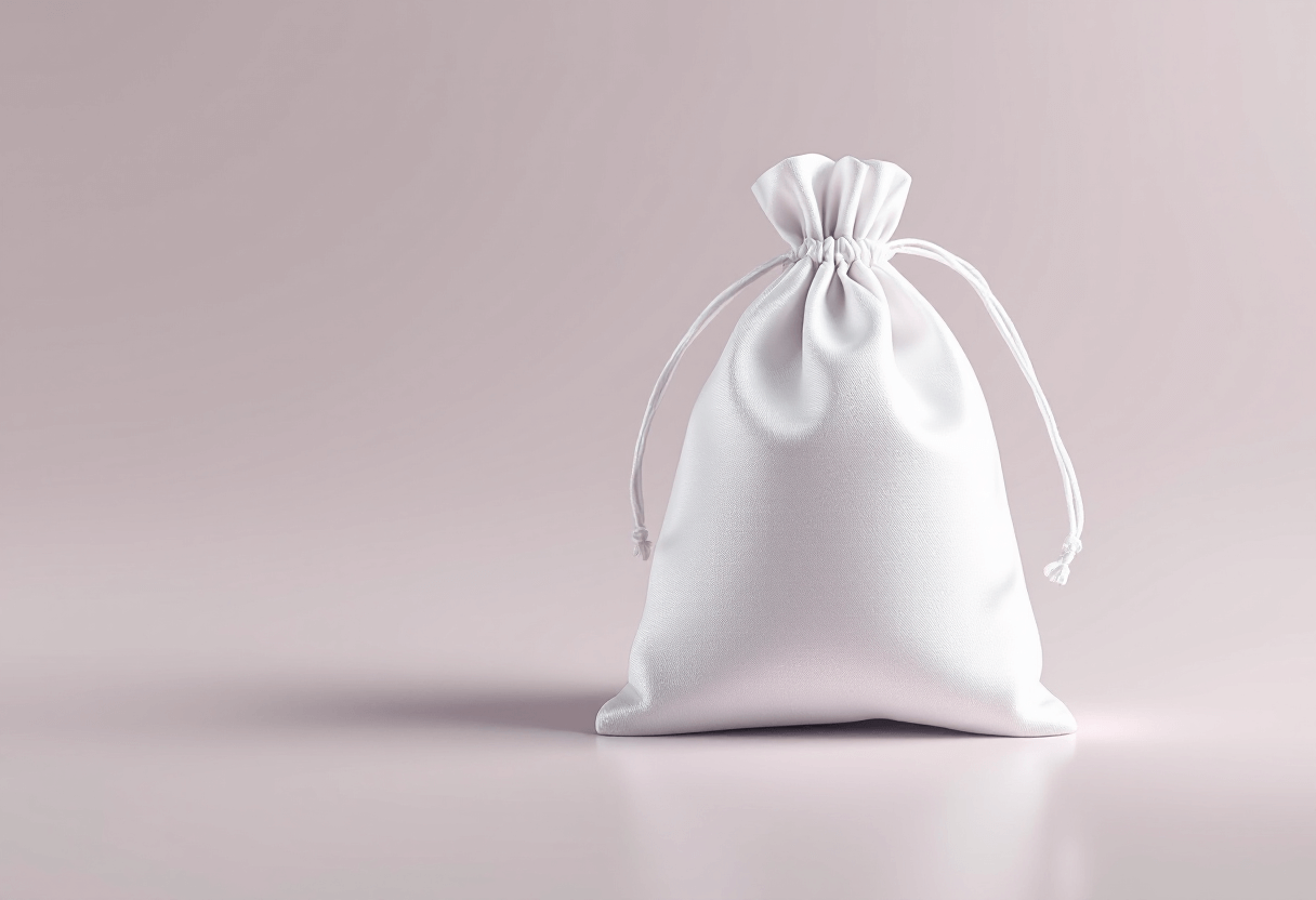 Pochon en satin blanc en studio.